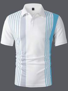 Claim Dot 男士条纹拼接短袖休闲通勤 Polo 衫 - 淺藍色 - 查看 4