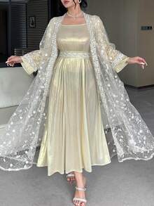 Dazy Plus Valentine Plus Size Solid Color V-Neck 3/4 Sleeve Cinched Waist Waist Elegant Maxi Dress Lace Cardigan Long Sleeve Robe Jacket, Spring/Summer/Autumn - Apricot - View 7