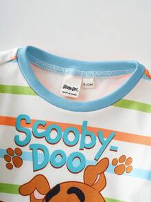 SCOOBY-DOO X SHEIN 2件套男婴可爱卡通小狗字母彩色条纹印花圆领长袖上衣和裤子休闲弹力贴身睡衣套装 - 藍色 - 查看 3