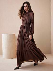 Arave Women's Solid Color Stand Collar Ruched Waist Tie Design Long Sleeve Fashionable Party & Holiday Cake Hem Dress New Year - Brown - View 4