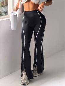 Dewbera Women's Seamless Contrast Trim Split Hem Sports Pants Boot Cut Yoga Pants Flare Yoga Pants Women Flare Leggings Flare Workout Pants Flared Leggings Black And White Work Out Pants - Black - View 3