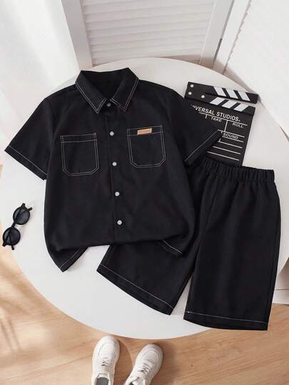Mirajuku 2件套 青少年男童夏季新款短袖衬衫和休闲运动短裤