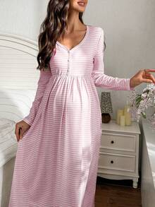 SHEIN 条纹印花纽扣V领长袖休闲孕妇连衣裙/睡裙