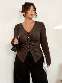 Vionelle Plus Size Pleated Striped Brushed Knit V-Neck Fitted Long Sleeve T-Shirt, Slimming, Autumn/Winter Brown Tops For Women Coffee Brown Top Brown Cardigan Dark Brown Top Brown Long Sleeve Top - Brown - View 7