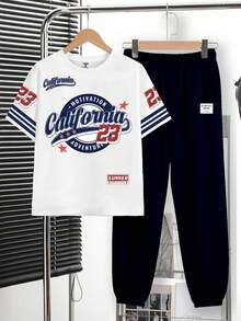 2件套青少年男童休闲时尚经典Y2K风23号美式复古运动短袖圆领T恤和裤子套装，适合春夏穿着