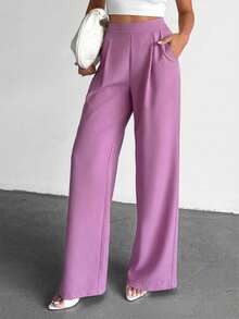 EURMUSE Fashionable Versatile Solid Color High Waist Wide Leg Pants - Lilac Purple - View 3