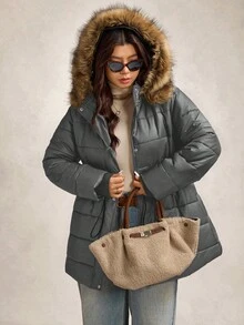 Zelara Abrigo acolchado con capucha con cremallera y cuello desmontable de piel, cálido para otoño/invierno, talla grande - Gris Oscuro - Ver 1
