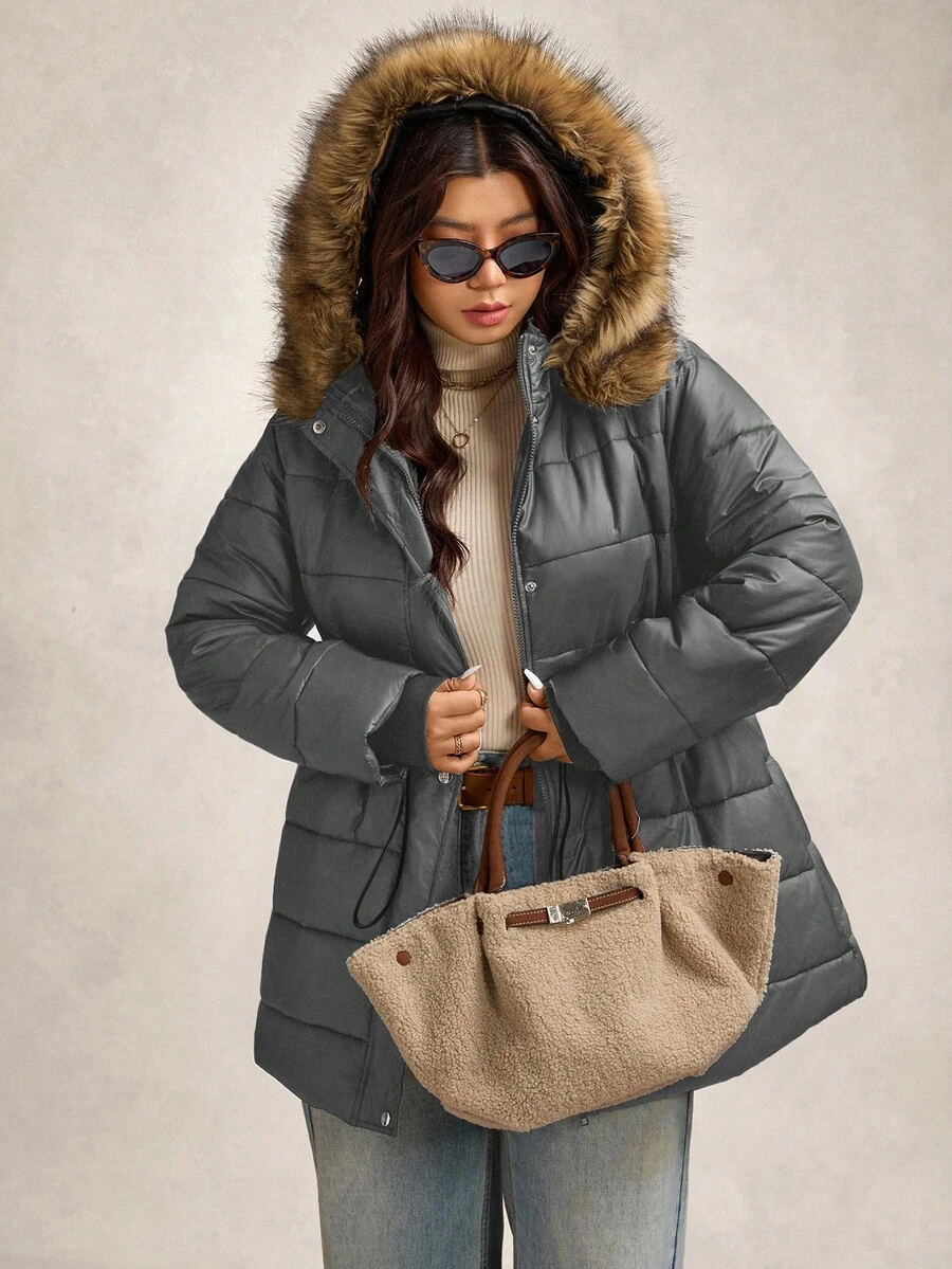 Zelara Abrigo acolchado con capucha con cremallera y cuello desmontable de piel, cálido para otoño/invierno, talla grande - Gris Oscuro - Ver 1