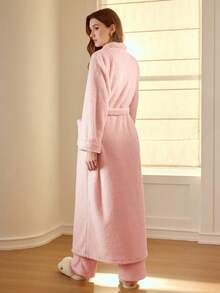 MOTF PREMIUM SHAWL COLLAR FAUX PEARL DECOR FUZZY BELTED ROBE - Coral Pink - View 7