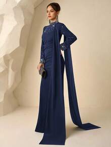 Coutiva 女士优雅派对水钻正式晚礼服 - 藏蓝色 - 查看 4