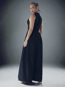 Denimoi Sleeveless Zip Front Wide Leg Denim Jumpsuit - Navy Blue - View 5