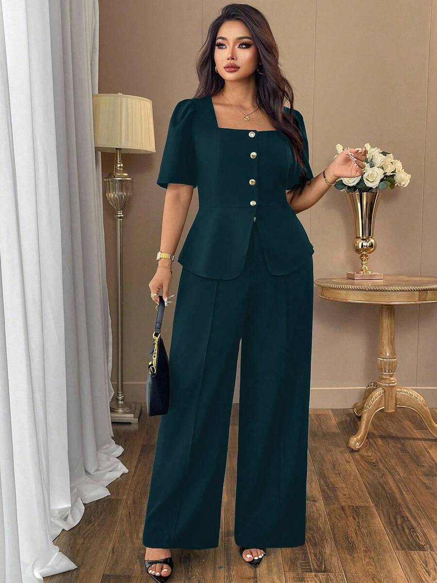 Auvina Plus Size Women's Casual Elegant Square Collar Pure Black Chic Commuting Shirt Jacket + Waist Cinched Design Loose Long Straight Leg Pants Fashion Casual Suit, High-End Wide Leg Pants - Green - View 1