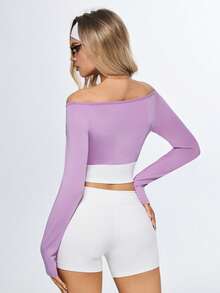 Eassivo Eassivo Damen Lässiges Kontrast Farbiges Off-Shoulder Langarm Sport T-Shirt - Violett - Übersicht 2