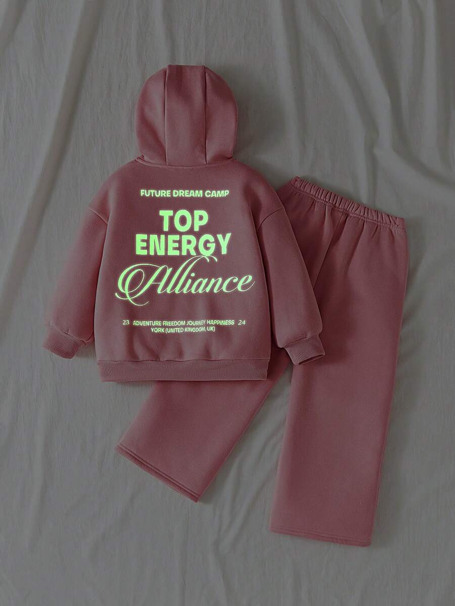 Maija Kids Bộ đồ thường ngày cho bé gái, áo hoodie in họa tiết tiếng Anh phát sáng trong bóng tối màu hồng và quần nỉ ống rộng - Bụi hồng - Xem 1