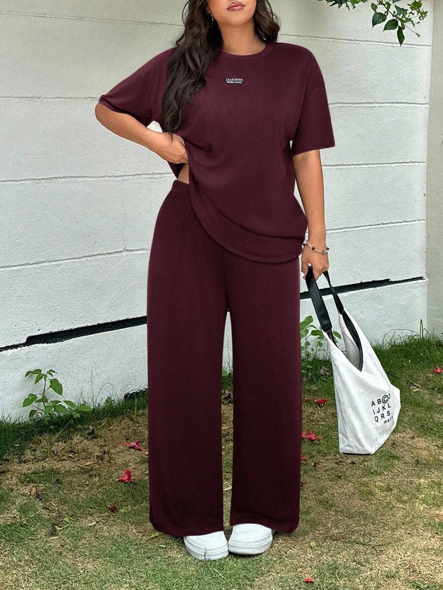 Muchica 2pcs Plus Size Women Casual Letter Print Short Sleeve T-Shirt And Pants Set, Spring/Summer Wide Leg Pants Set Modest Two Piece Set Pants Two Piece Set - Rusty Rose - View 1