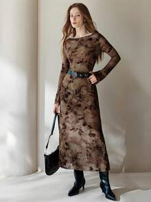 Aveloria Modichic 法式奢华优雅新款性感透视复古花卉植绒网纱A字收腰喇叭下摆喇叭袖连衣裙，适合约会、夜店、度假、婚礼等场合。 - 棕色 - 查看 4