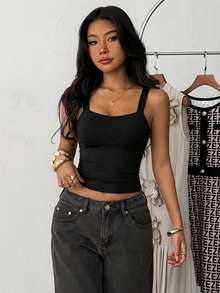 Teen Girls Knit Solid Black Body Fit Tank Top SHEIN Teen Girls Basic Casual All-Match Black Tank Top With Deep U-Neck, Girls Tank Tops & Cami, Summer Streetwear Casual Fitted Tank Tops - Black - View 1