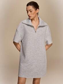 Hanevo Spring/Summer New Casual Elegant Fashion Vacation Lightweight Outdoor Sports Loose Commute Dropped Shoulder Half Sleeve Short Cropped H-Line High Collar Knit Women Mini Dress - Grey - View 4