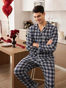 CoupledUp Blue & White Plaid Print Men's Casual Long Sleeve Pajama Set With Collar Matching Couple Pajama Set Button Up Pajamas Plaid Pajama Set - Blue and White - View 5