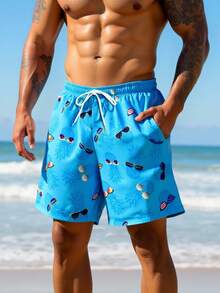 Manfinity VDAYZ Men's Pineapple Print Drawstring Waist Pocket Beach Shorts - Teal Blue - View 3