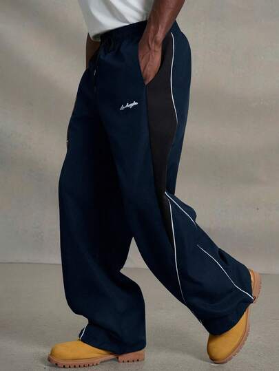 PAVTROS 男士休闲拼色抽绳直筒裤，宽松长款拼接黑色直筒运动裤，秋季