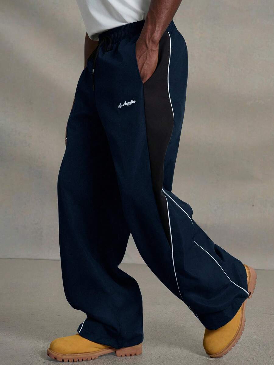 PAVTROS Men's Casual Color Block Drawstring Straight Leg Pants, Loose Fit Long Patchwork Black Straight Leg Sweatpants, Fall - Navy Blue - View 1