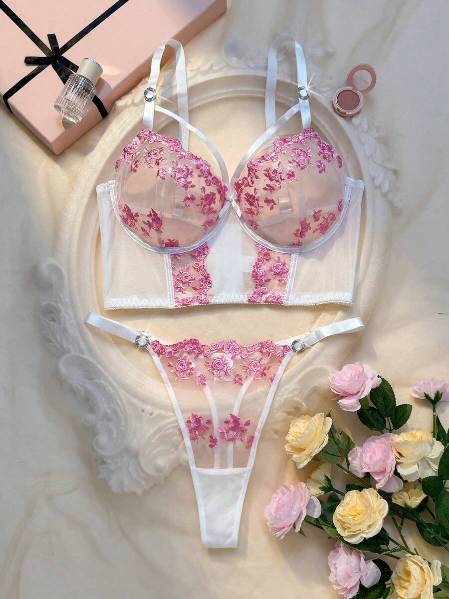 SHEIN 2件套加大码女士酒红色花卉图案钢圈支撑文胸和内裤套装 - 粉色 - 查看 1