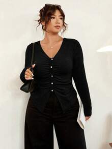 Vionelle Plissiertes gestreiftes Langarm T-Shirt mit V-Ausschnitt in Große Größen, figurformend, für Herbst/Winter