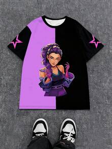 SHEIN Explorewe 一件可爱又酷炫的韩流女孩撞色印花短袖上衣，宽松版型，适合青少年女孩，春、夏、秋、冬皆宜，是完美的圣诞礼物。