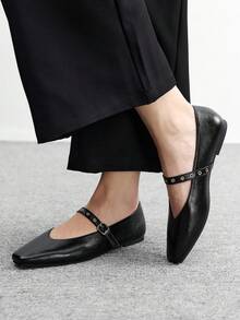 CUCCOO BIZCHIC 女士方头平底巧克力色金属扣套脚平底鞋，舒适休闲玛丽珍鞋，适合搭配连衣裙 - 黑色 - 查看 3