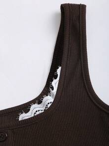 Sweetra 女士休闲时尚蕾丝拼接褶皱吊带背心 - 棕色 - 查看 7