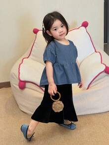 DAZY Toddler Girls' Round Neck Casual Ruffle Hem Washed Loose Short Sleeve Denim