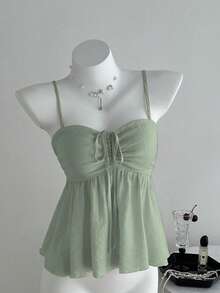 Sweetra Áo hai dây vải xếp ly màu hồng dễ thương cho nữ, mùa hè - màu xanh lá - Xem 3