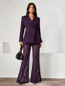 Islaluna Women's Elegant Loose Double-Breasted Long Sleeve Blazer Jacket And Flared Lace Pants Set, Spring/Autumn - Purple - View 5