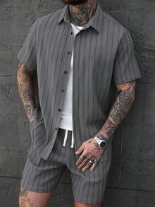 SLATEMANN Bộ áo sơ mi nam tay ngắn kẻ sọc cài cúc phía trước, bộ đồ mùa hè nam, bộ trang phục mùa hè nam, áo sơ mi nam phong cách đường phố, bộ áo sơ mi kẻ sọc cài cúc và quần short nam, bộ quần short mùa hè nam. - Xám - Xem 4