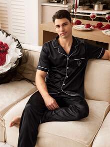 CoupledUp Faux Silk Heart Embroidery Contrast Trim Cardigan Pajama Set For Men Men Night Wear Satin Pajamas Set Sleepwear Set Couple Matching Pajamas Set - Black - View 5