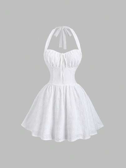 Sweetra 优雅浪漫的复古风蝴蝶结高腰修身A字白色迷你连衣裙，适合休闲、约会、派对、春夏秋季穿着。