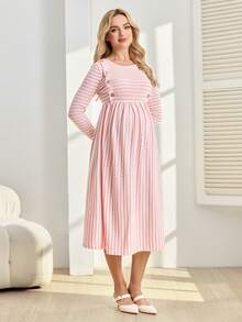 GentleRue Maternity 孕妇条纹圆领休闲哺乳连衣裙，长袖设计，适合日常穿着 - 粉色 - 查看 9