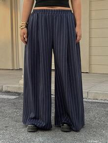 Dazy Plus Plus Size Women Loose Striped Wide Leg Elastic Waist Long Pants, Street Style, All Season - Navy Blue - View 8