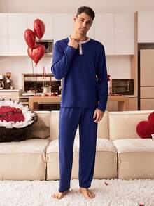 CoupledUp Plaid Contrast Color Lapel Long Sleeve Pajama Set For Men - Navy Blue - View 6