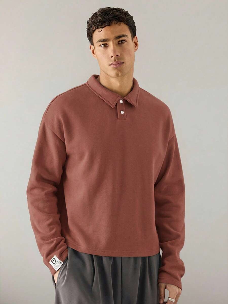 SWAVVY 男士针织休闲宽松长袖半开襟 Polo 衫 - 棕色 - 查看 1