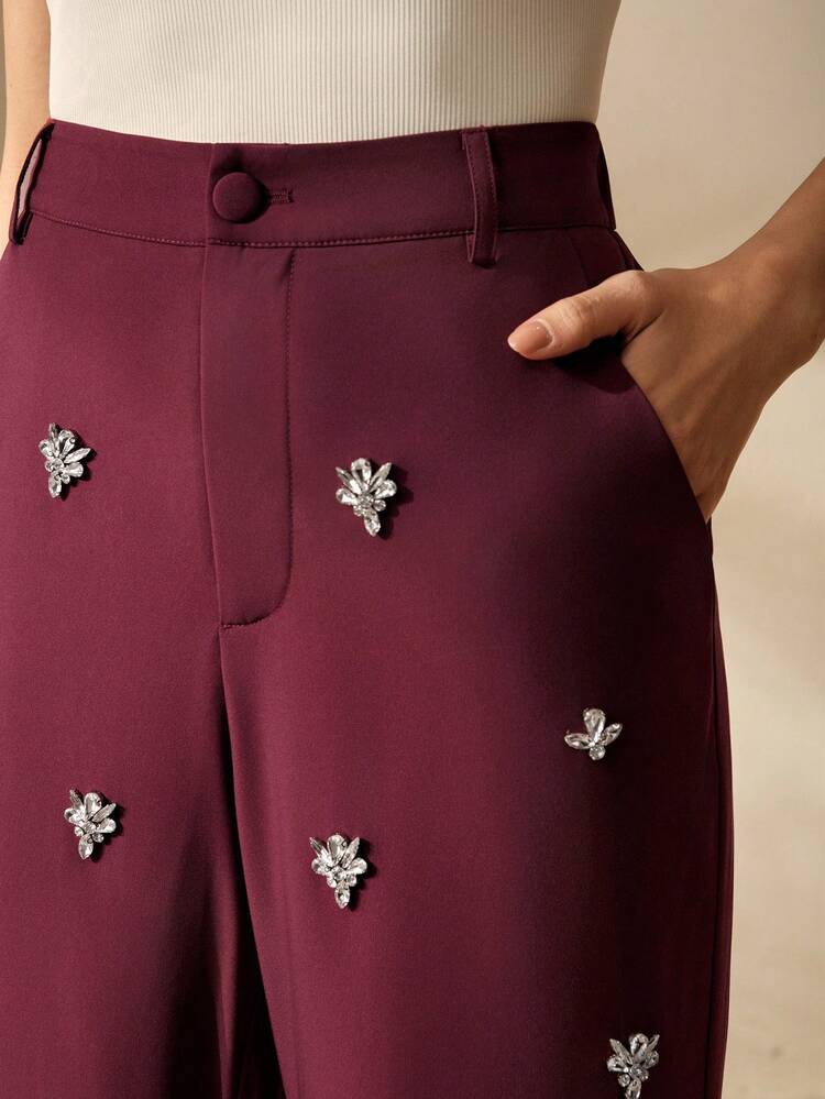 Anewsta Women's Fashion Minimalist Luxurious Rhinestone Embellished Slim-Fit Flared Dress Pants, Evening Dress, Festival