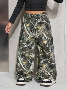 SHEIN Celana Jeans Longgar Motif Kamuflase dan Ranting untuk Anak Perempuan - MultiWarna - View 3