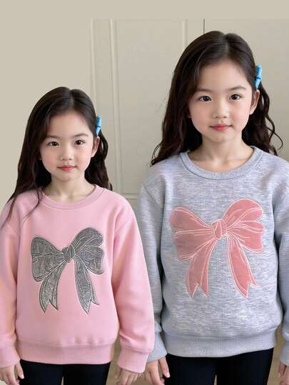Genkimix Kids 2pcs/Pack Toddler Girls Emboidery Bow Patchwork Crew Neck Fleece Sweatshirts, Grey And Pink Color