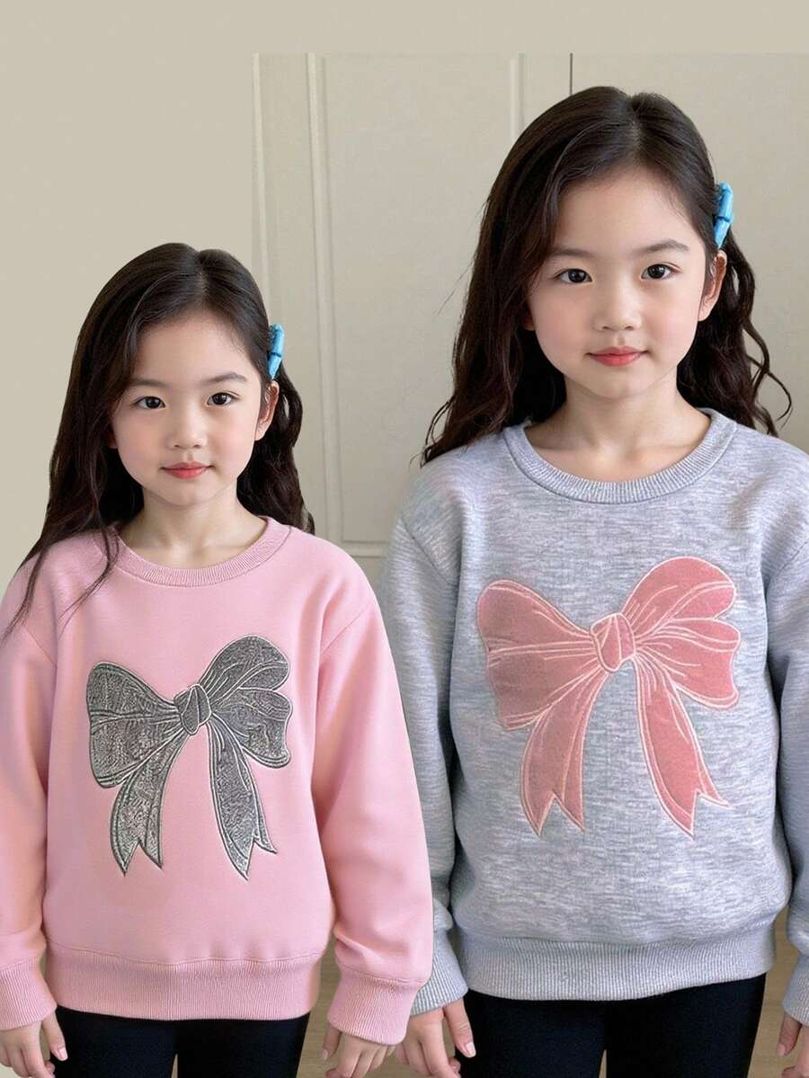 Genkimix Kids 2 Stücke/Set Kleinkind Mädchen Lässiger Koreanischer Stil Süße Schleife Stickerei Rundhals Locker Langarm Sweatshirt Set, Frühling/Herbst - Verschiedenfarbig - Übersicht 1