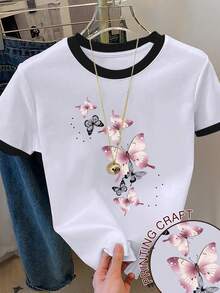 Resyla Women's Butterfly Print Short Sleeve Round Neck T-Shirt - White - View 1