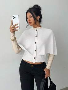Elenzga Women's Poncho Button Elegant Batwing Knit Cardigan Sweater - White - View 6