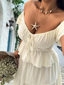 Sunnyshic 大码女装两件套：纯色圆领上衣和长裙 - 杏色 - 查看 7