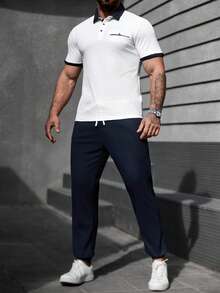 Manfinity Homme Men's Casual Commuter Polo Shirt & Drawstring Pants Set - White - View 3