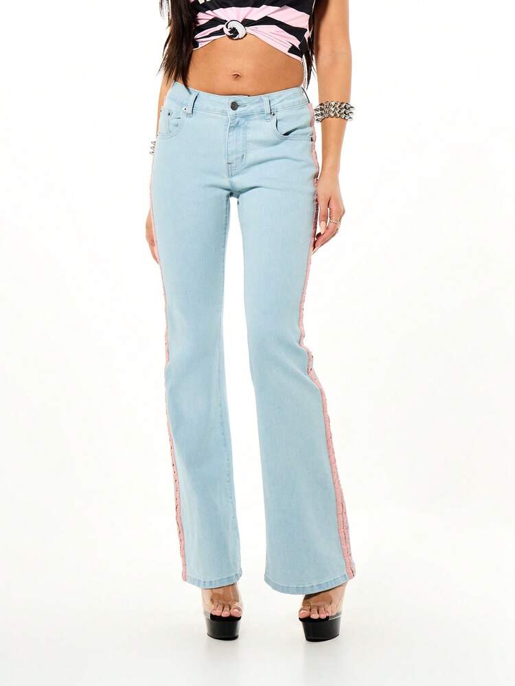 SUMWON WOMEN Low Rise Denim Jeans With Pink Side Stripe For Valentine